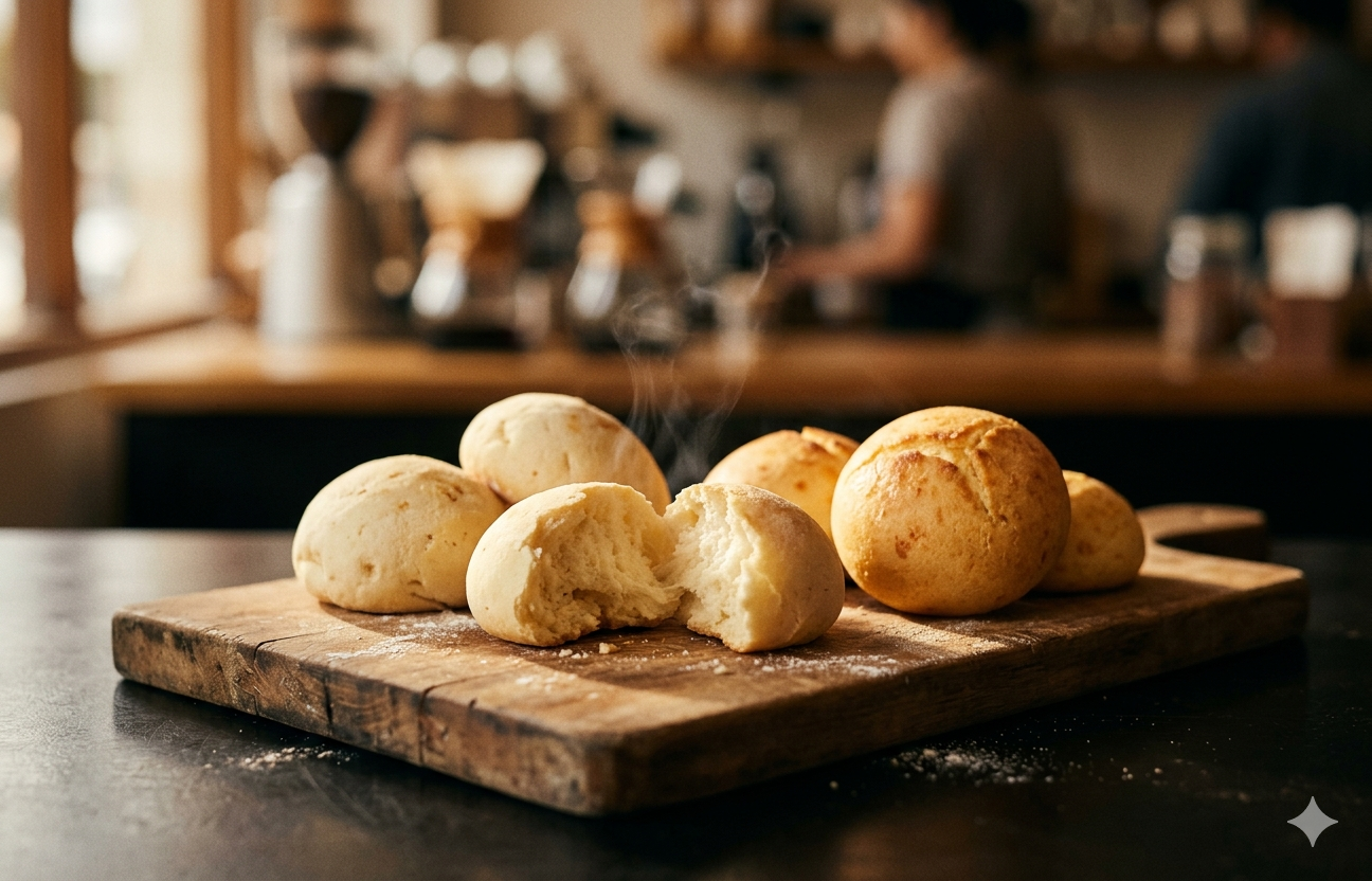 Almojábanas y pandebonos recién horneados sobre tabla de madera, recetas tradicionales colombianas